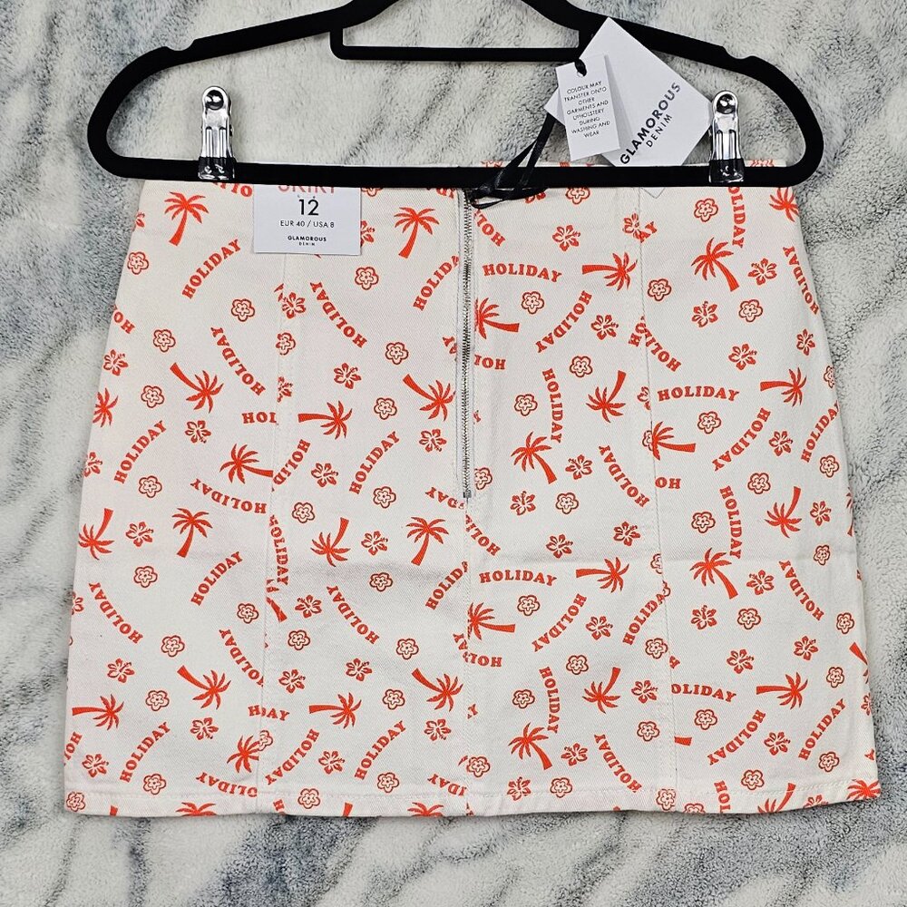 Glamorous Denim US Sz 8 Medium Holiday Print White Denim High Waist Mini Skirt P - Picture 4 of 11